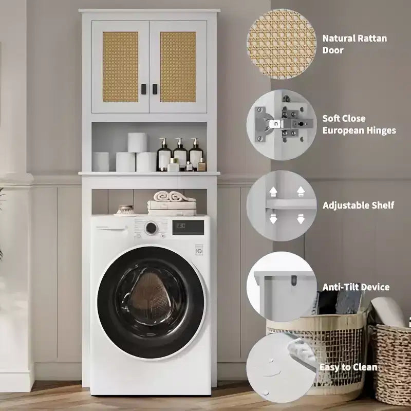 GustoWave Mobiletto da bagno stile rustico con ante in rattan, Organizzatore da bagno indipendente in legno sopra il WC con ripiano regolabile