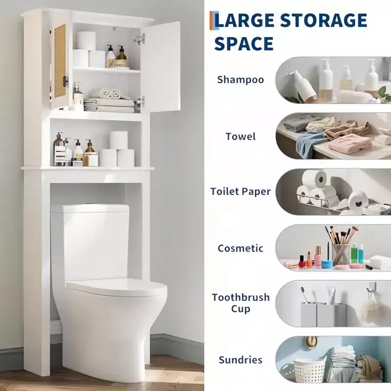 GustoWave Mobiletto da bagno stile rustico con ante in rattan, Organizzatore da bagno indipendente in legno sopra il WC con ripiano regolabile