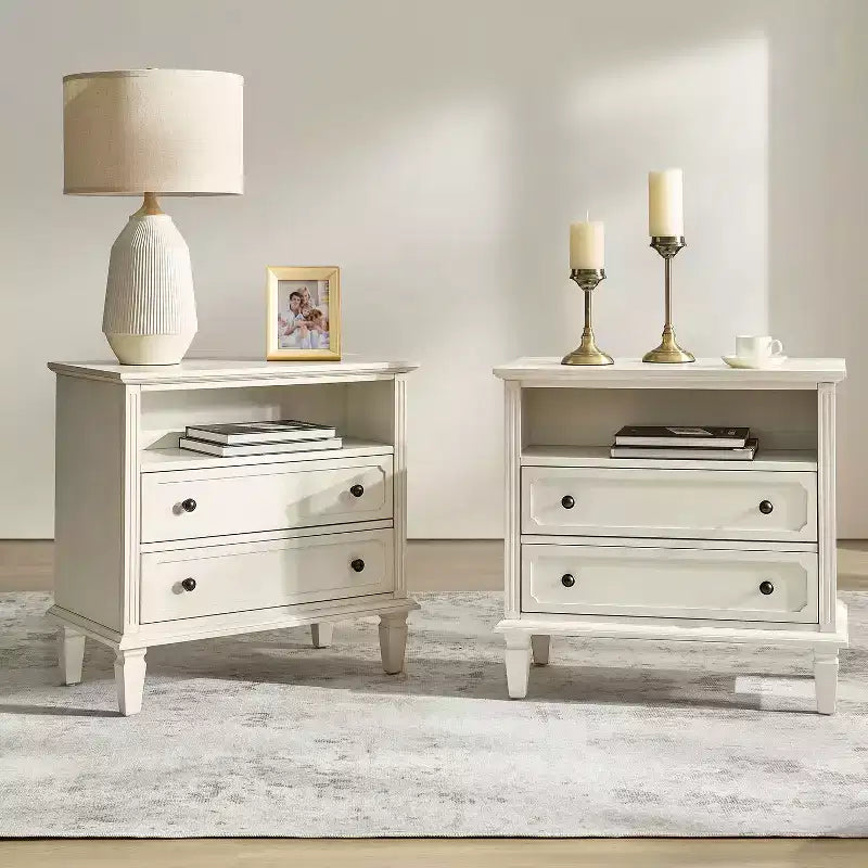 Davide 2 - Tavolino da Notte con Cassetto in Legno Massello e Gambe in Legno Massello Set di 2|ARTFUL LIVING DESIGNS-BIANCO
