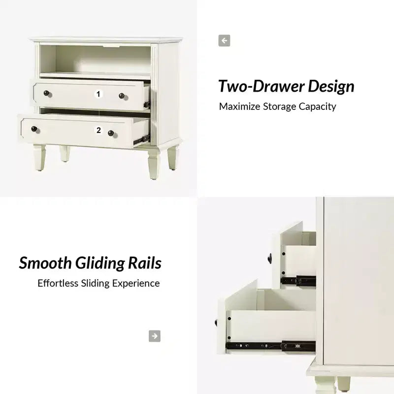 Davide 2 - Tavolino da Notte con Cassetto in Legno Massello e Gambe in Legno Massello Set di 2|ARTFUL LIVING DESIGNS-BIANCO