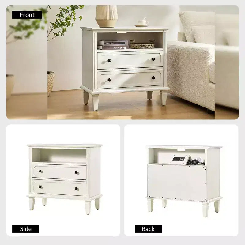 Davide 2 - Tavolino da Notte con Cassetto in Legno Massello e Gambe in Legno Massello Set di 2|ARTFUL LIVING DESIGNS-BIANCO