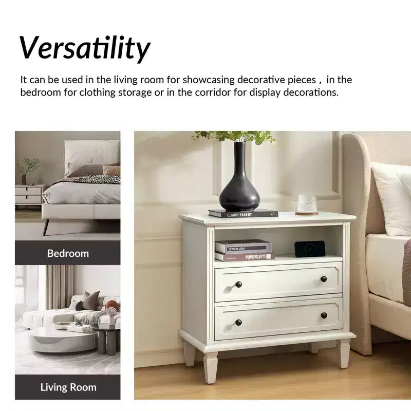 Davide 2 - Tavolino da Notte con Cassetto in Legno Massello e Gambe in Legno Massello Set di 2|ARTFUL LIVING DESIGNS-BIANCO