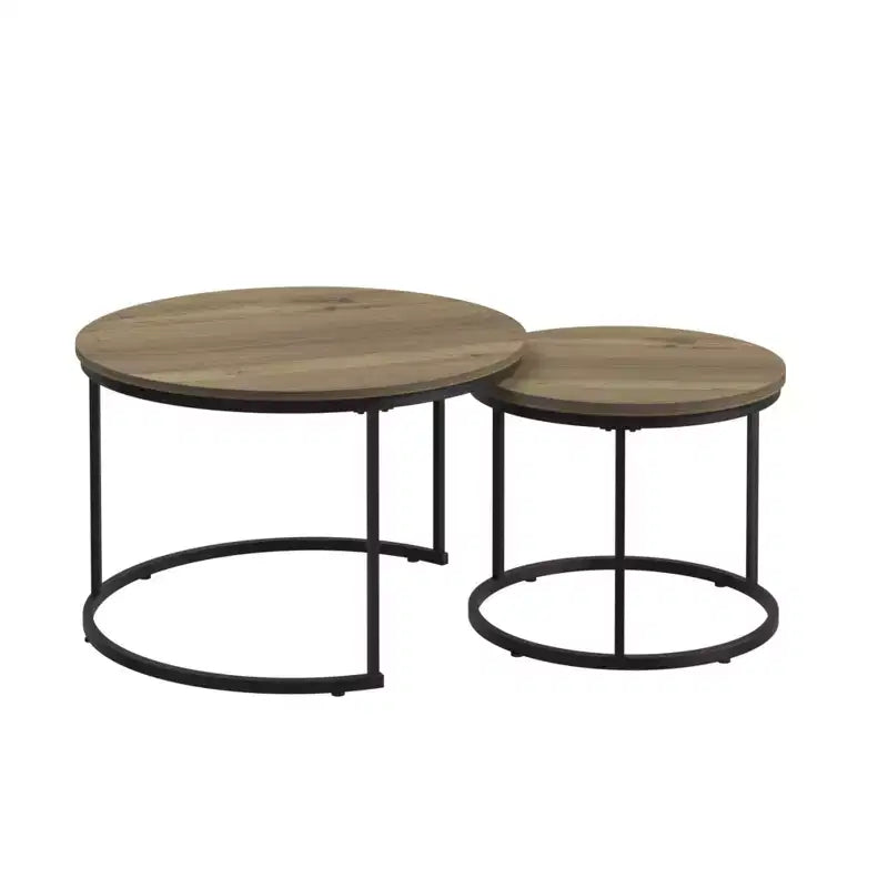 Homy Casa Set di 2 Tavolini da Caffè Nidificanti con Piani Tondi in Legno e Struttura in Metallo, Rovere Naturale