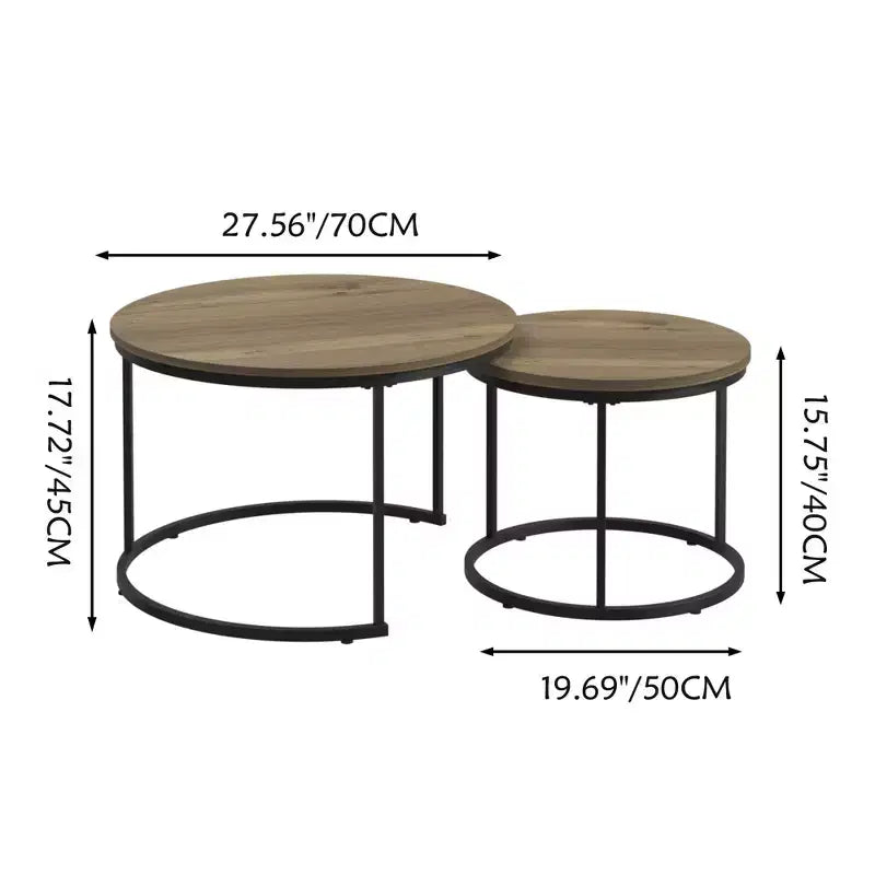 Homy Casa Set di 2 Tavolini da Caffè Nidificanti con Piani Tondi in Legno e Struttura in Metallo, Rovere Naturale