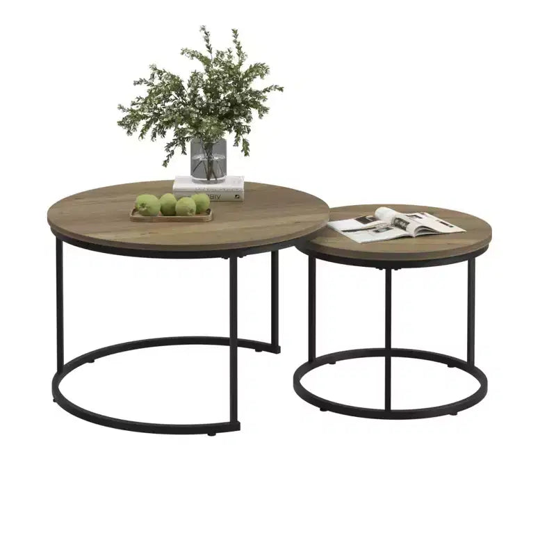 Homy Casa Set di 2 Tavolini da Caffè Nidificanti con Piani Tondi in Legno e Struttura in Metallo, Rovere Naturale