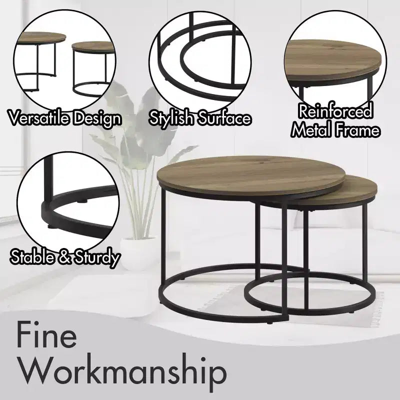 Homy Casa Set di 2 Tavolini da Caffè Nidificanti con Piani Tondi in Legno e Struttura in Metallo, Rovere Naturale