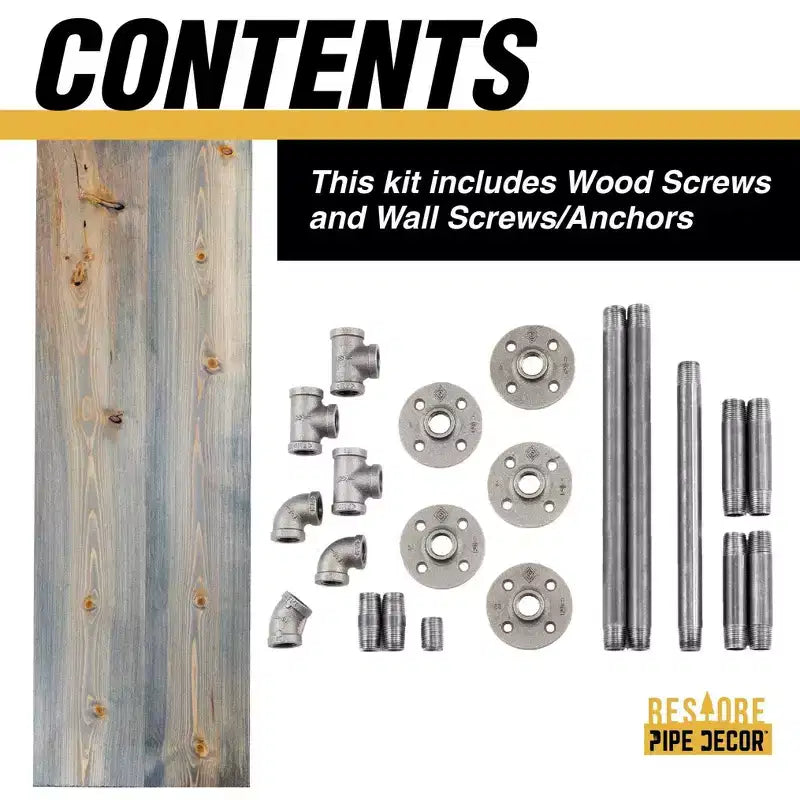 Pipe Decor 36 in. Appendiabiti a parete con ripiano in legno, Riverstone Grey