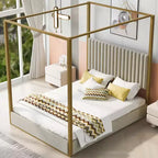 Letto a baldacchino a piattaforma Queen Size con testiera imbottita a canale, telaio a baldacchino a 4 colonne in metallo dorato per bambini, adolescenti, adulti, beige