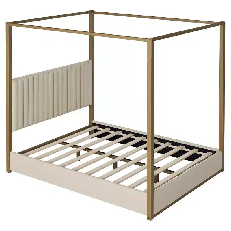 Letto a baldacchino a piattaforma Queen Size con testiera imbottita a canale, telaio a baldacchino a 4 colonne in metallo dorato per bambini, adolescenti, adulti, beige