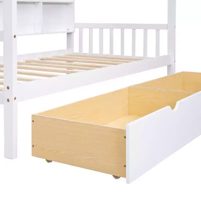 Letto a capanna singolo con rotelle e ripiani portaoggetti, Letto a tenda in legno stile Montessori per bambini, Bianco