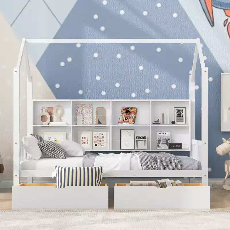 Letto a capanna singolo con rotelle e ripiani portaoggetti, Letto a tenda in legno stile Montessori per bambini, Bianco