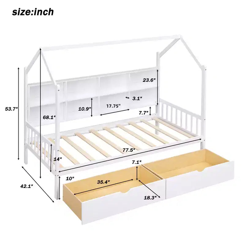 Letto a capanna singolo con rotelle e ripiani portaoggetti, Letto a tenda in legno stile Montessori per bambini, Bianco