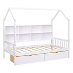 Letto a capanna singolo con rotelle e ripiani portaoggetti, Letto a tenda in legno stile Montessori per bambini, Bianco