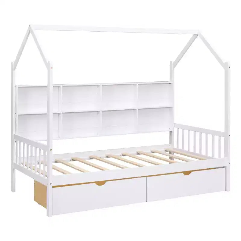 Letto a capanna singolo con rotelle e ripiani portaoggetti, Letto a tenda in legno stile Montessori per bambini, Bianco