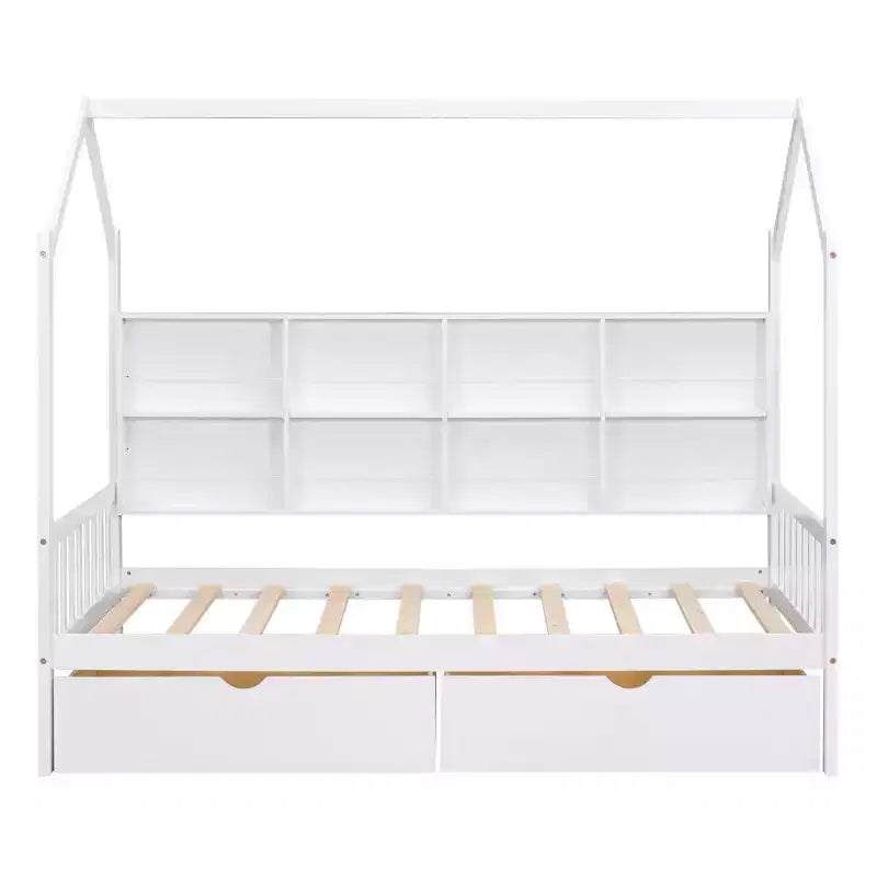 Letto a capanna singolo con rotelle e ripiani portaoggetti, Letto a tenda in legno stile Montessori per bambini, Bianco