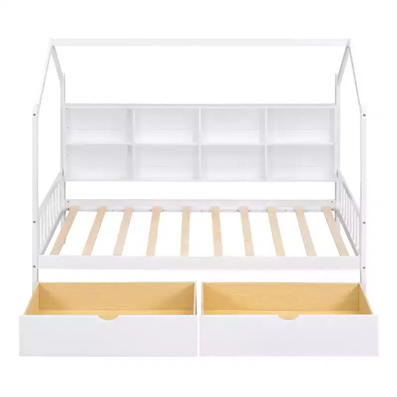 Letto a capanna singolo con rotelle e ripiani portaoggetti, Letto a tenda in legno stile Montessori per bambini, Bianco