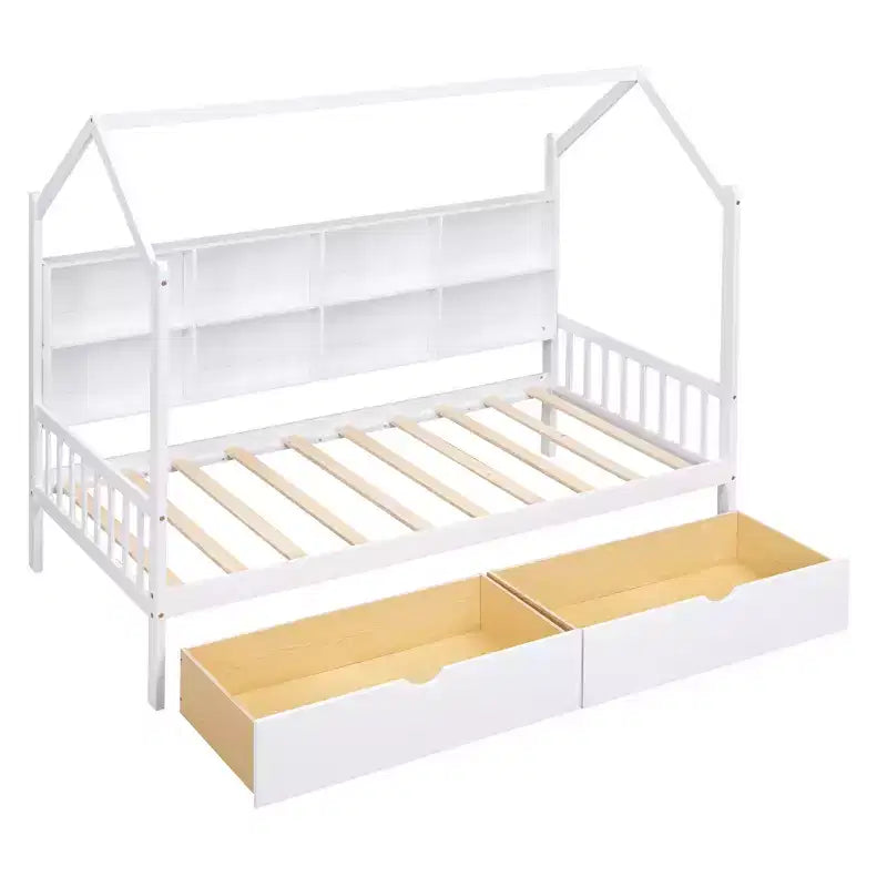 Letto a capanna singolo con rotelle e ripiani portaoggetti, Letto a tenda in legno stile Montessori per bambini, Bianco