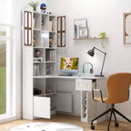 CLIHOME Scrivania angolare a L 2 in 1 per computer, per casa, ufficio o studio, tavolo da studio con cassetti, libreria e mensola superiore, ampio spazio di lavoro