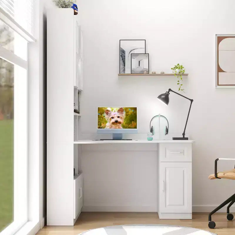 CLIHOME Scrivania angolare a L 2 in 1 per computer, per casa, ufficio o studio, tavolo da studio con cassetti, libreria e mensola superiore, ampio spazio di lavoro