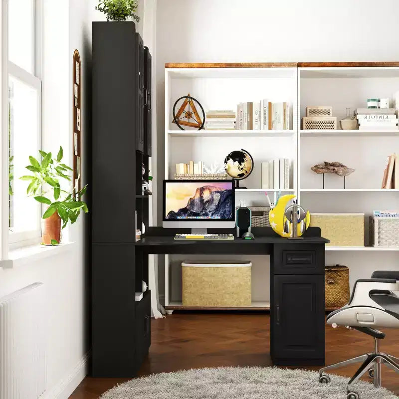CLIHOME Scrivania angolare a L 2 in 1 per computer, per casa, ufficio o studio, tavolo da studio con cassetti, libreria e mensola superiore, ampio spazio di lavoro