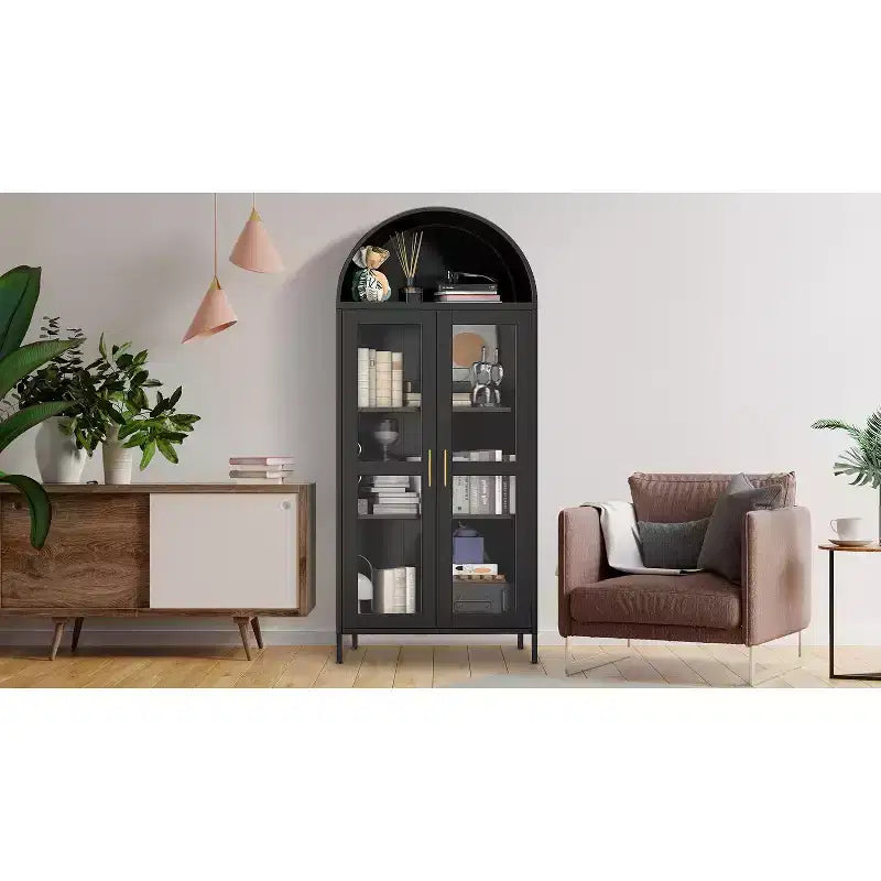 Armadietto portaoggetti alto 185 cm con anta in vetro e ripiani regolabili, organizer/libreria da esposizione per cucina/sala da pranzo/soggiorno