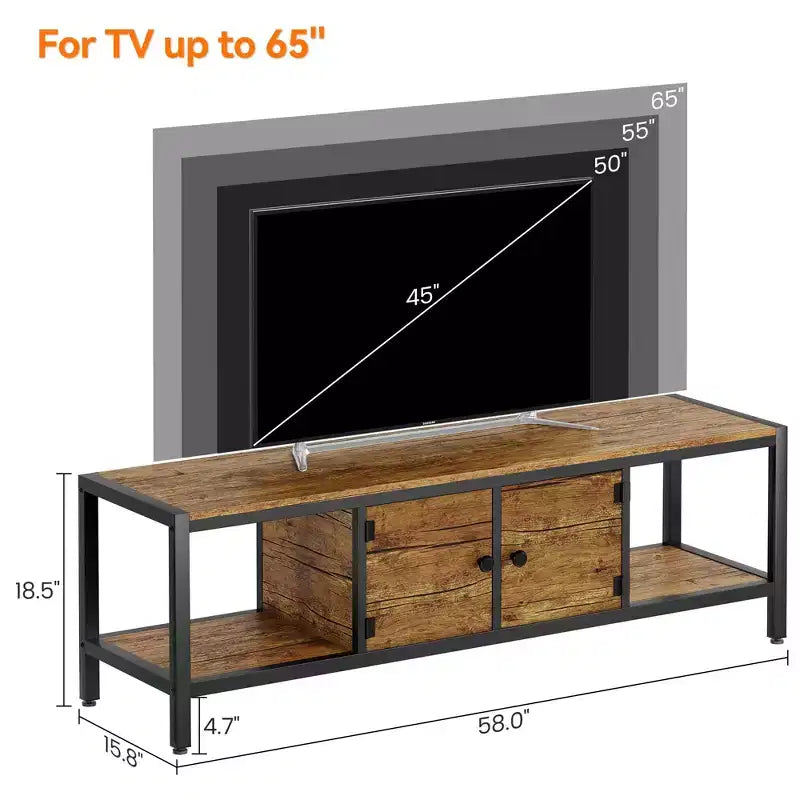 Mobile TV per TV fino a 65 pollici, Tavolino Porta TV Grande con 2 Vani Chiusi e Scomparti Aperti, Mobile Soggiorno in Legno con Piedini