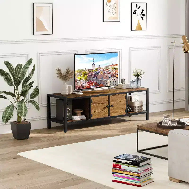 Mobile TV per TV fino a 65 pollici, Tavolino Porta TV Grande con 2 Vani Chiusi e Scomparti Aperti, Mobile Soggiorno in Legno con Piedini