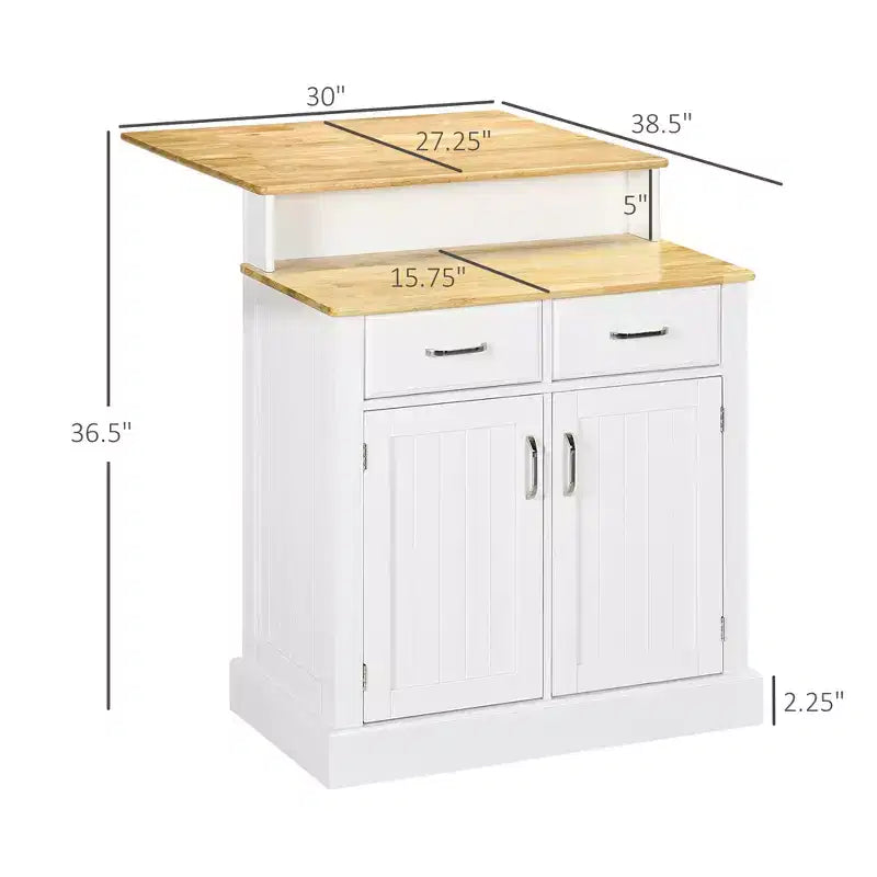 Isola da Cucina con Piano in Legno di Gomma a 2 Livelli, Tavolo a Isola con Ripiani Regolabili e Cassetti