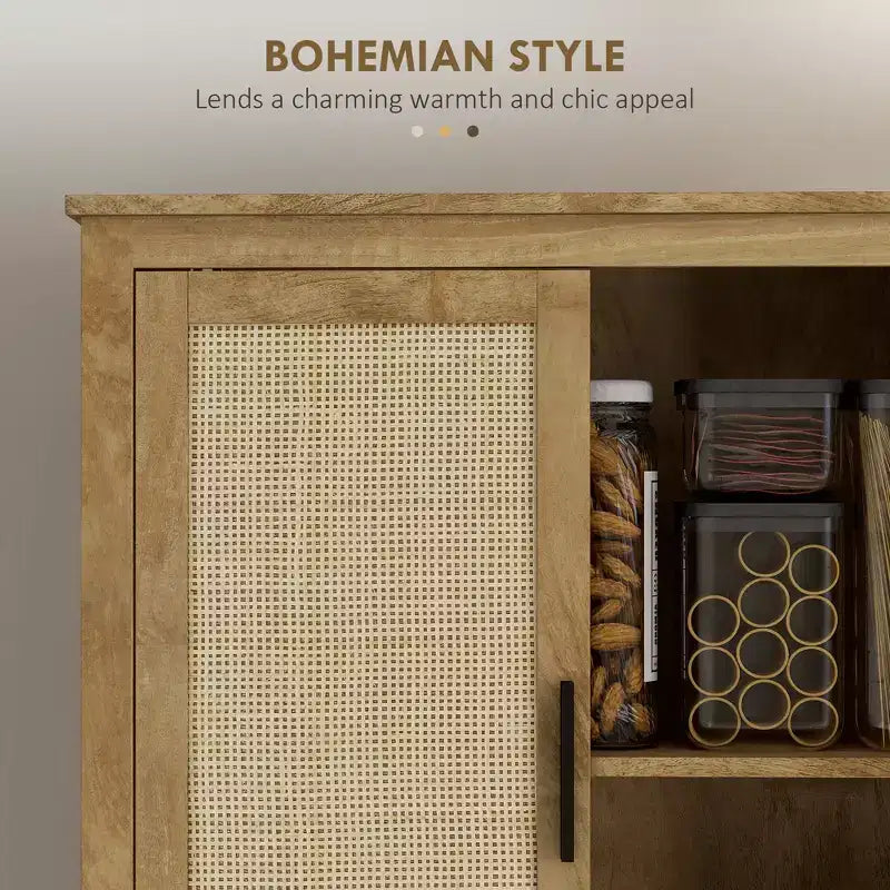 Dispensa da cucina alta 162 cm, mobile contenitore alto con 4 ante in rattan, 4 ripiani e ripiano regolabile