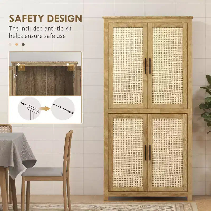 Dispensa da cucina alta 162 cm, mobile contenitore alto con 4 ante in rattan, 4 ripiani e ripiano regolabile