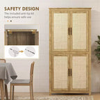 Dispensa da cucina alta 162 cm, mobile contenitore alto con 4 ante in rattan, 4 ripiani e ripiano regolabile