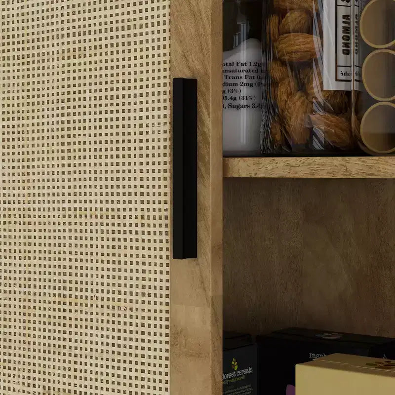 Dispensa da cucina alta 162 cm, mobile contenitore alto con 4 ante in rattan, 4 ripiani e ripiano regolabile