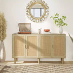 Credenza bohémien, mobile buffet da 62,2 pollici con 4 ante e ripiani in rattan per soggiorno, corridoio