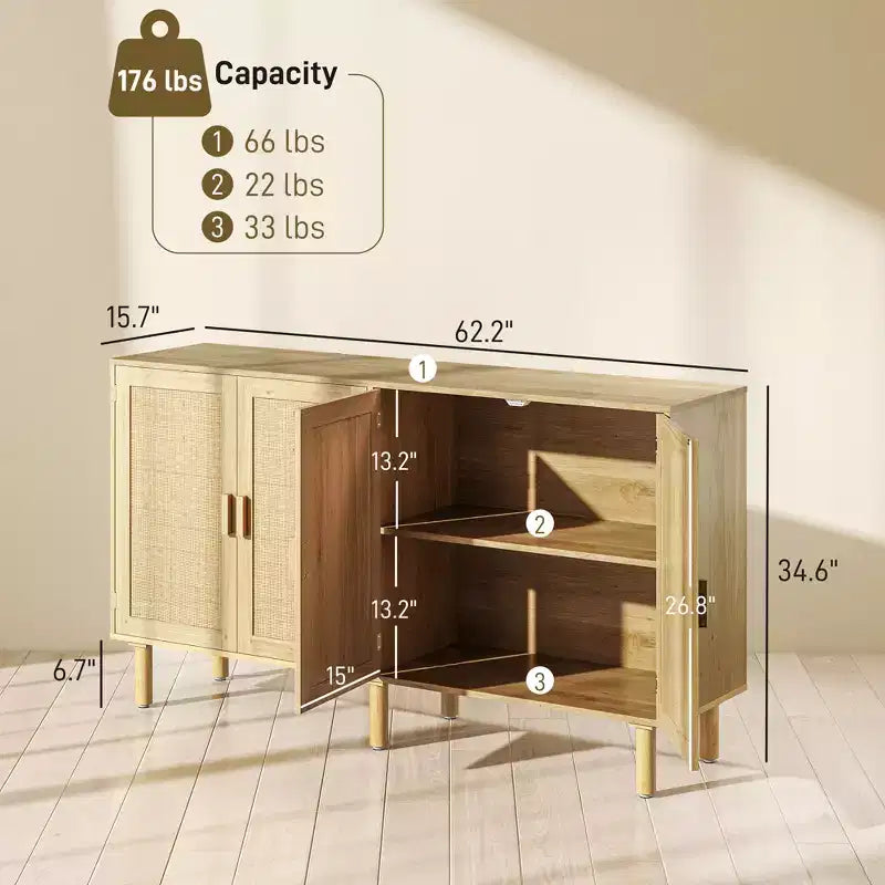 Credenza bohémien, mobile buffet da 62,2 pollici con 4 ante e ripiani in rattan per soggiorno, corridoio