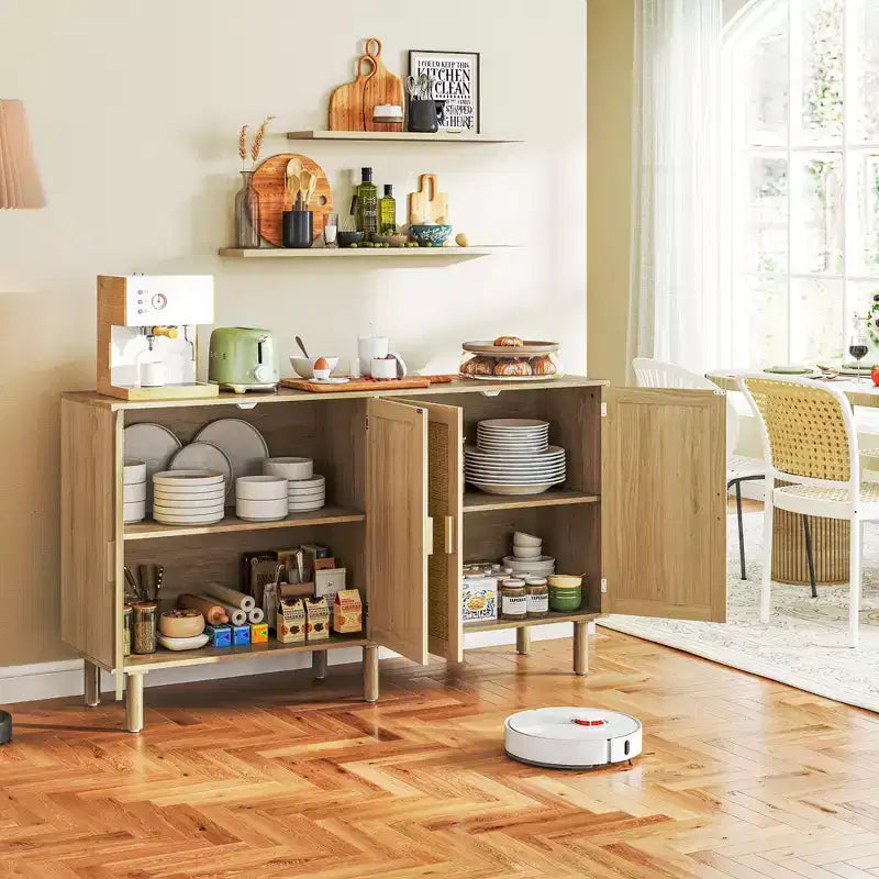 Credenza bohémien, mobile buffet da 62,2 pollici con 4 ante e ripiani in rattan per soggiorno, corridoio
