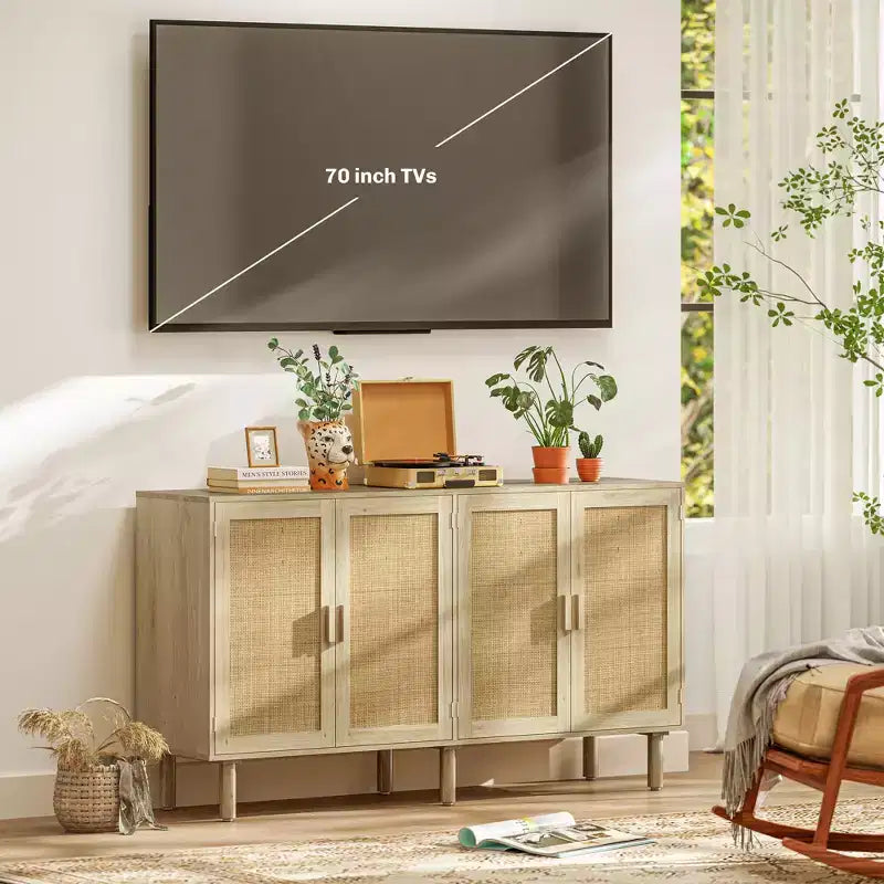 Credenza bohémien, mobile buffet da 62,2 pollici con 4 ante e ripiani in rattan per soggiorno, corridoio