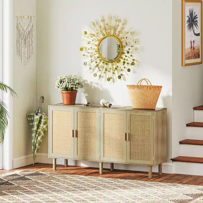 Credenza bohémien, mobile buffet da 62,2 pollici con 4 ante e ripiani in rattan per soggiorno, corridoio