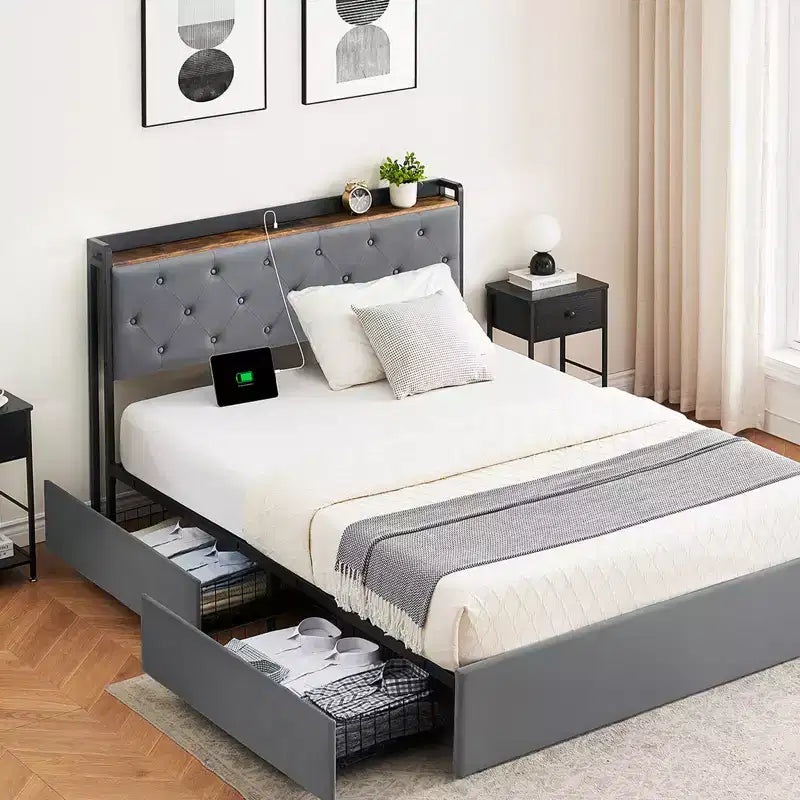 Struttura letto matrimoniale in velluto con quattro cassetti portaoggetti e stazione di ricarica USB, adatta per la camera da letto.