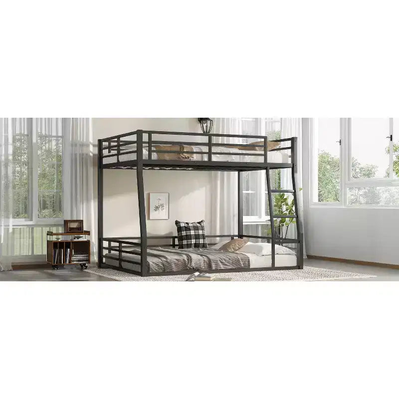 Bellemave Letto a castello in metallo Full XL sopra Queen per adulti e ragazzi, struttura salvaspazio per impieghi gravosi, sponde di protezione, silenzioso, senza rete, nero