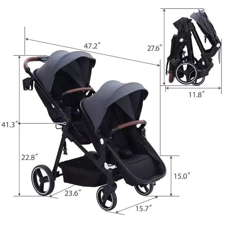 Passeggino doppio pieghevole per neonati e bambini con sedile reversibile, imbracatura di sicurezza a cinque punti, schienale regolabile e cestino portaoggetti con capottina