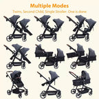 Passeggino doppio pieghevole per neonati e bambini con sedile reversibile, imbracatura di sicurezza a cinque punti, schienale regolabile e cestino portaoggetti con capottina
