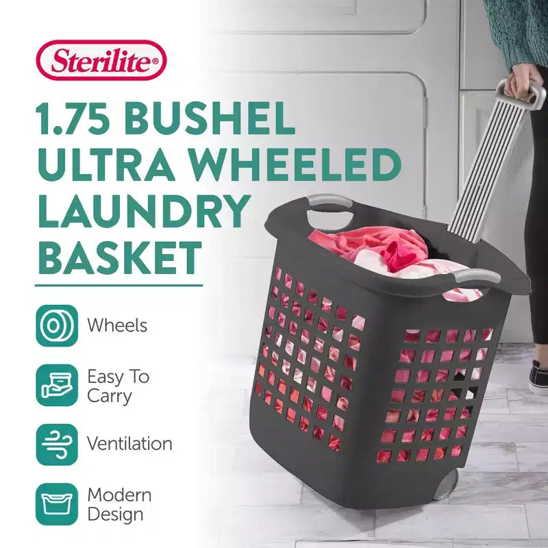 Sterilite Cesto per bucato Ultra con ruote, 60 litri con manici, grigio, confezione da 4