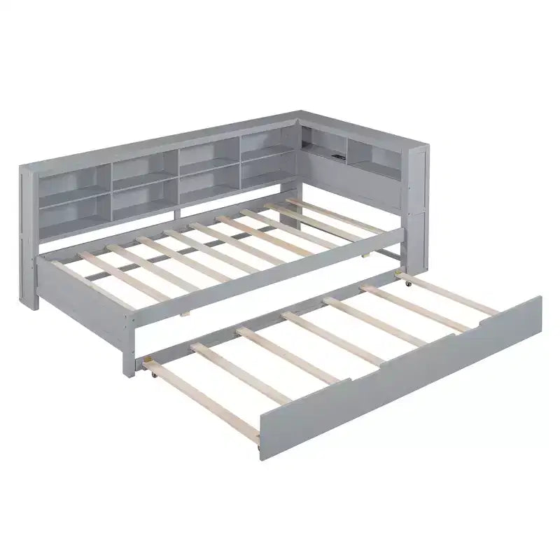 Daybed con letto estraibile, letto a piattaforma in legno con ripiano portaoggetti e porte di ricarica USB, letto basso per bambini, ragazzi e adulti