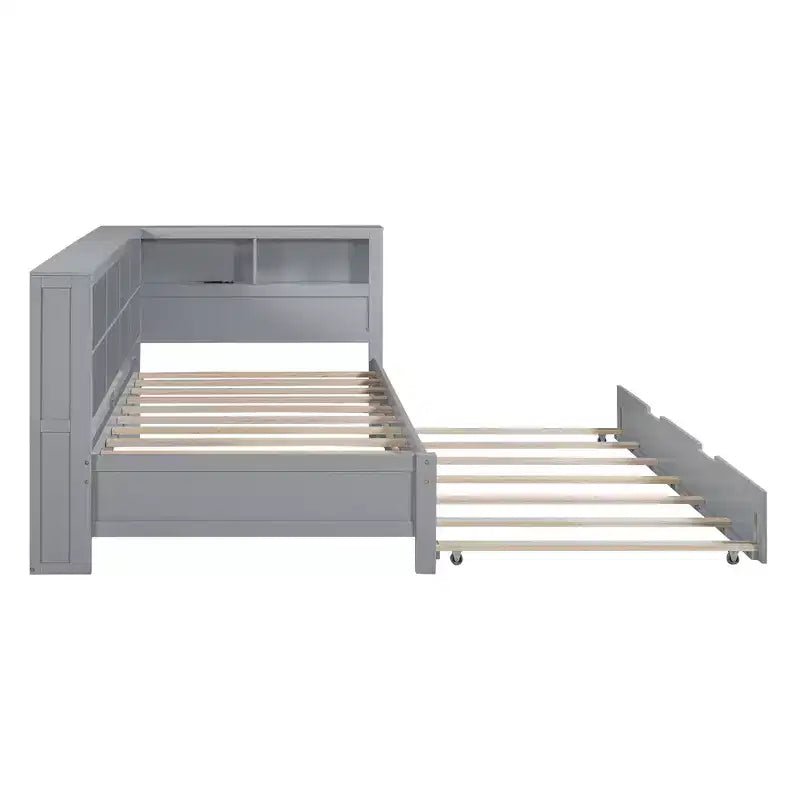 Daybed con letto estraibile, letto a piattaforma in legno con ripiano portaoggetti e porte di ricarica USB, letto basso per bambini, ragazzi e adulti