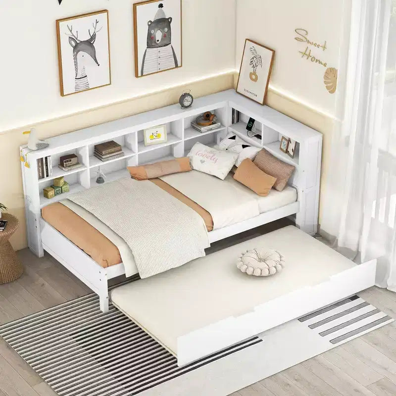 Daybed con letto estraibile, letto a piattaforma in legno con ripiano portaoggetti e porte di ricarica USB, letto basso per bambini, ragazzi e adulti