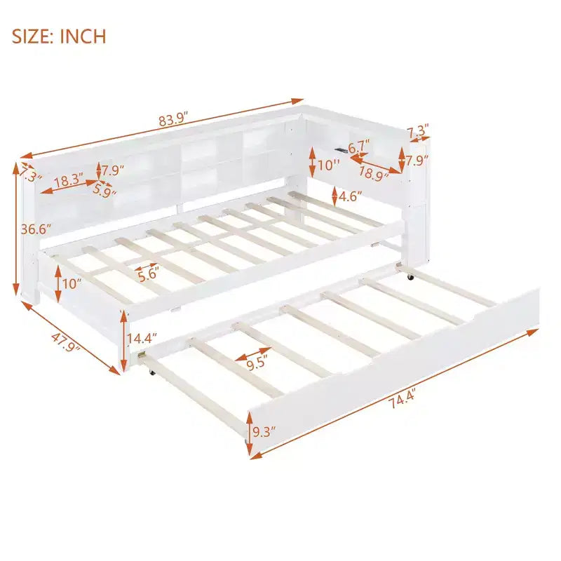 Daybed con letto estraibile, letto a piattaforma in legno con ripiano portaoggetti e porte di ricarica USB, letto basso per bambini, ragazzi e adulti