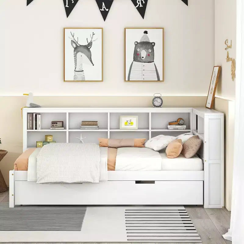 Daybed con letto estraibile, letto a piattaforma in legno con ripiano portaoggetti e porte di ricarica USB, letto basso per bambini, ragazzi e adulti