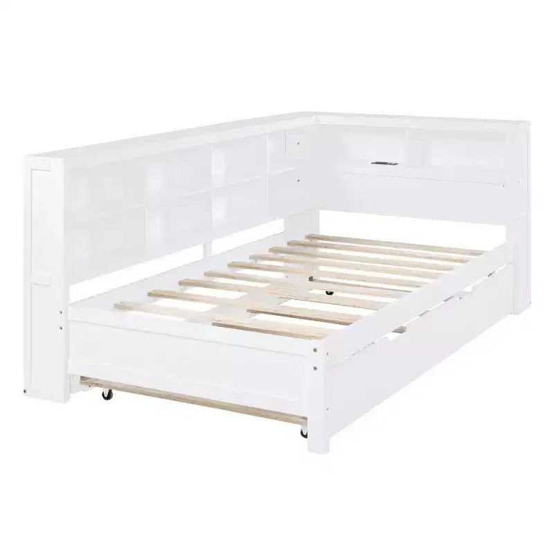Daybed con letto estraibile, letto a piattaforma in legno con ripiano portaoggetti e porte di ricarica USB, letto basso per bambini, ragazzi e adulti