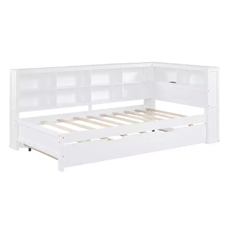 Daybed con letto estraibile, letto a piattaforma in legno con ripiano portaoggetti e porte di ricarica USB, letto basso per bambini, ragazzi e adulti