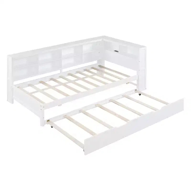 Daybed con letto estraibile, letto a piattaforma in legno con ripiano portaoggetti e porte di ricarica USB, letto basso per bambini, ragazzi e adulti